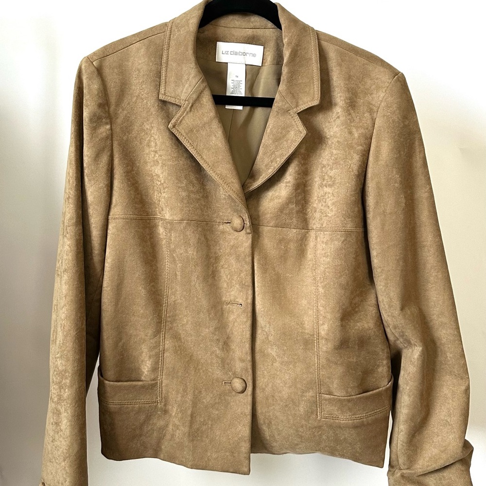 VINTAGE 90s Essential Camel Brown Faux Suede Leather Jacket Liz Claiborne- M/L